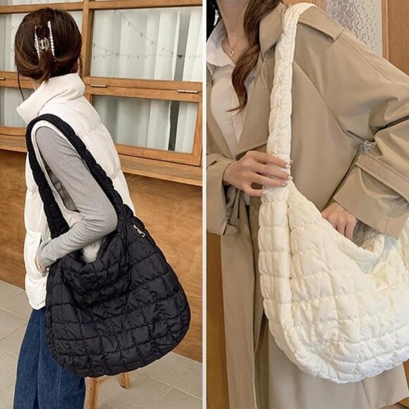 Women's White Lightweight Cotton Puffy Quilted Hobo Bag Retro Soft Shoulder Bag - Picture 7 of 7